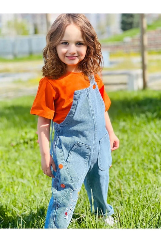 Unisex Çocuk Salopet ve Turuncu Tişört Takımı – Ayarlanabilir Askılı, Denim