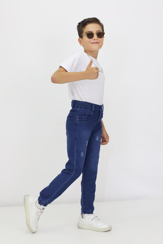Erkek Çocuk Yıpratmalı Kot Pantolon – Ayarlanabilir Bel, Dar Paça, Denim