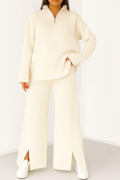Kadın Fermuar Detaylı Triko Alt Üst Uzun Takım Bej - The Velavois