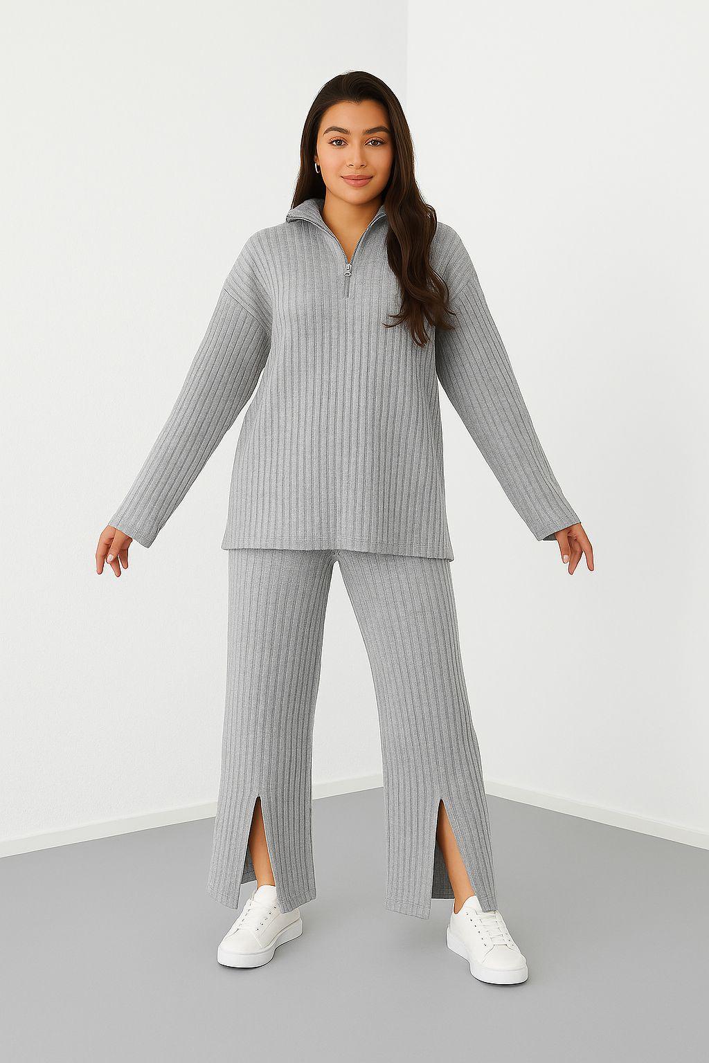 Kadın Fermuar Detaylı Triko Alt Üst Uzun Takım Gri - The Velavois