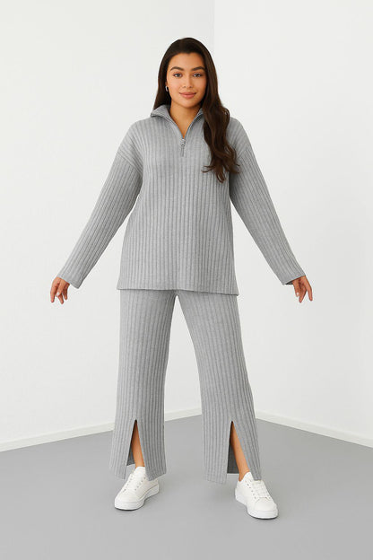 Kadın Fermuar Detaylı Triko Alt Üst Uzun Takım Gri - The Velavois