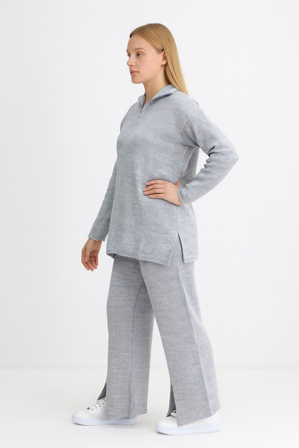 Kadın Fermuar Detaylı Triko Alt Üst Takım Gri - The Velavois