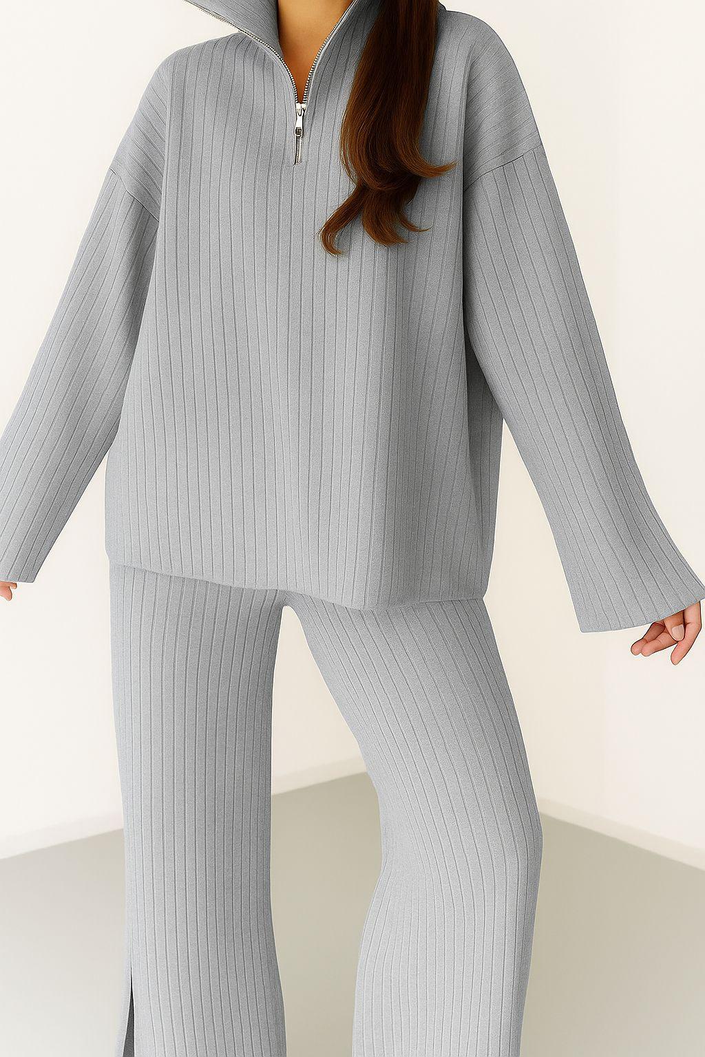 Kadın Fermuar Detaylı Triko Alt Üst Uzun Takım Gri - The Velavois