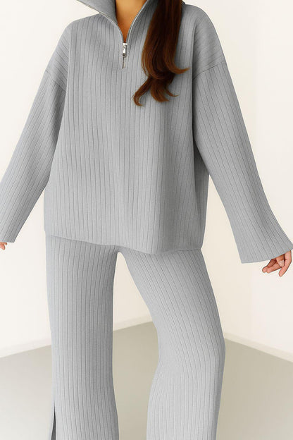 Kadın Fermuar Detaylı Triko Alt Üst Uzun Takım Gri - The Velavois