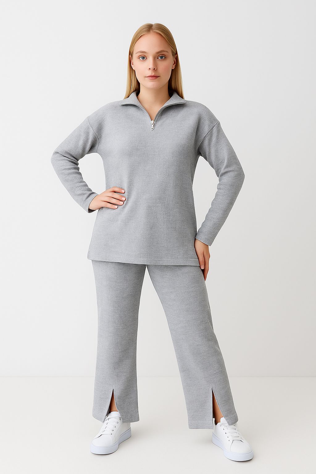 Kadın Fermuar Detaylı Triko Alt Üst Takım Gri - The Velavois