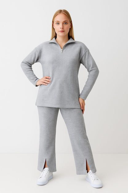 Kadın Fermuar Detaylı Triko Alt Üst Takım Gri - The Velavois