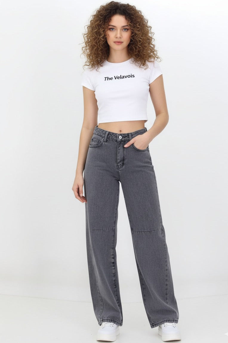Kadın Bol Paça Baggy Kot Pantolon Gri - The Velavois