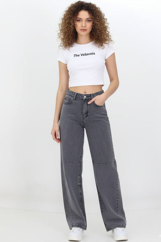 Kadın Bol Paça Baggy Kot Pantolon Gri - The Velavois