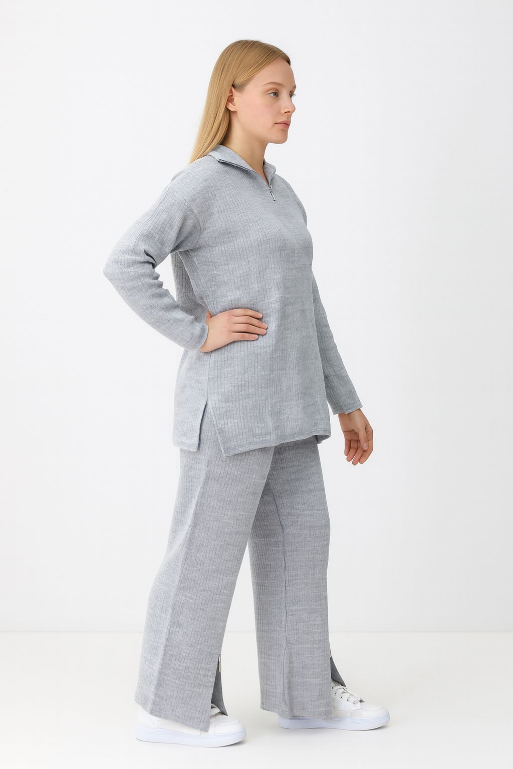 Kadın Fermuar Detaylı Triko Alt Üst Takım Gri - The Velavois