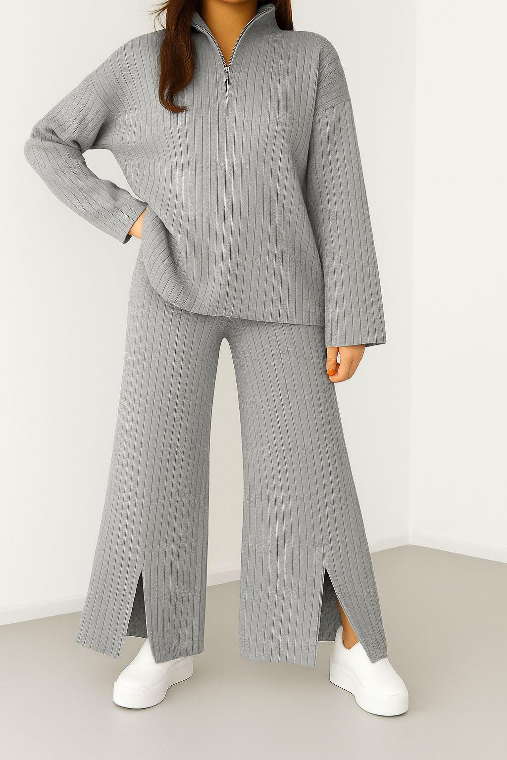 Kadın Fermuar Detaylı Triko Alt Üst Uzun Takım Gri - The Velavois