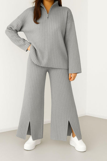 Kadın Fermuar Detaylı Triko Alt Üst Uzun Takım Gri - The Velavois