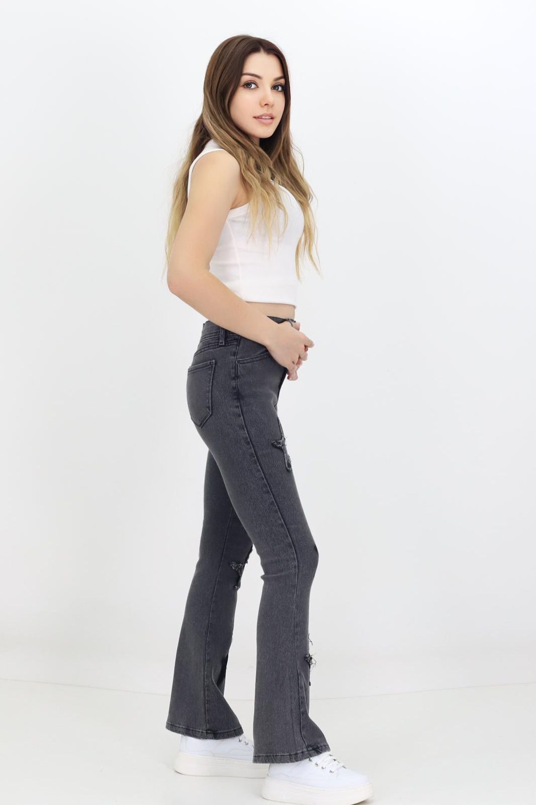 Kadın 6 Yıldızlı İspanyol Paça Kot Pantolon Gri - The Velavois