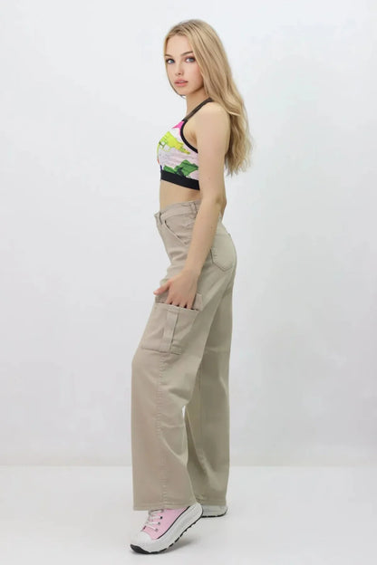 Kadın Kargo Cepli Kot Pantolon Bej - The Velavois