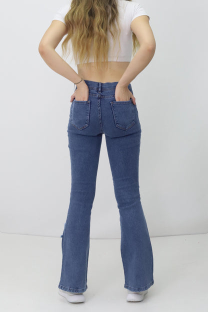 Kadın Paçası Yıldızlı İspanyol Paça Kot Pantolon Lacivert - The Velavois