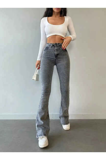 Kadın İspanyol Paça Kot Pantolon Gri - The Velavois