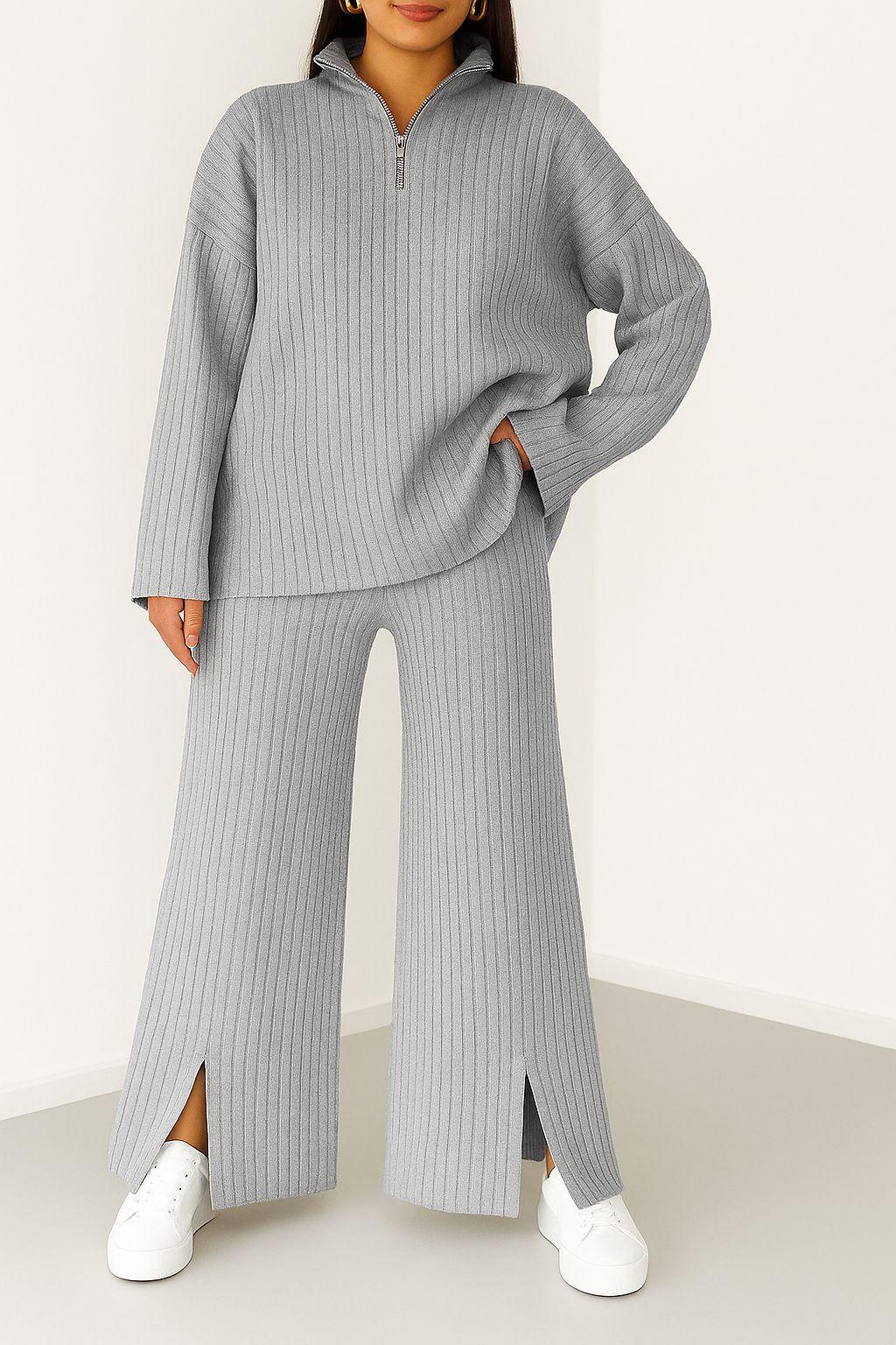 Kadın Fermuar Detaylı Triko Alt Üst Uzun Takım Gri - The Velavois