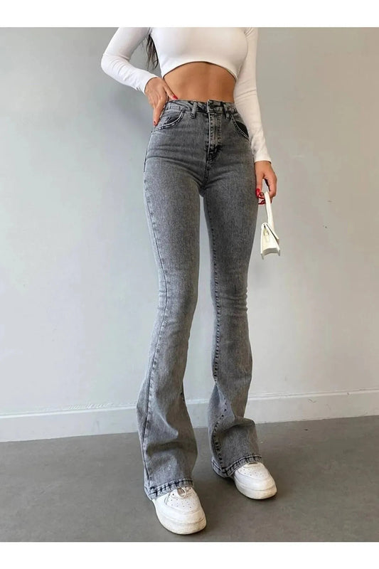 Kadın İspanyol Paça Kot Pantolon – Yüksek Bel, Bol Paça, Mom Jeans