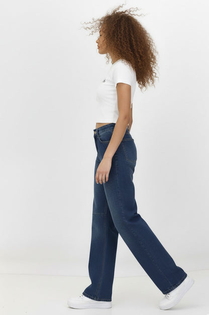 Kadın Bol Paça Baggy Kot Pantolon Lacivert - The Velavois