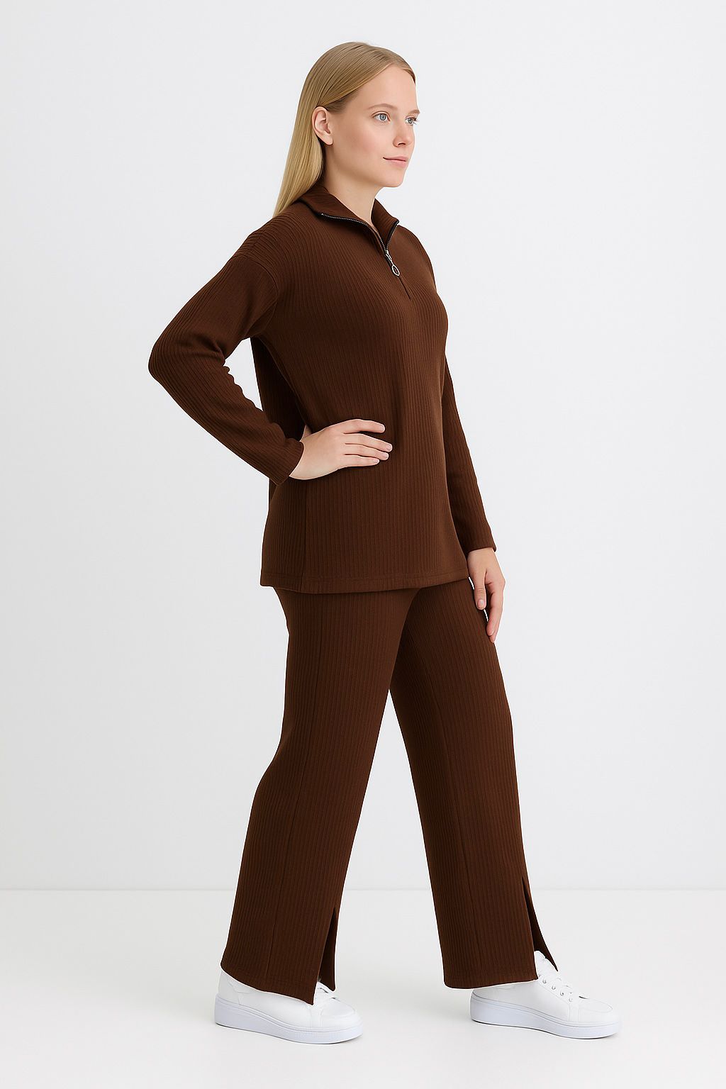 Kadın Fermuar Detaylı Triko Alt Üst Takım Kahverengi - The Velavois