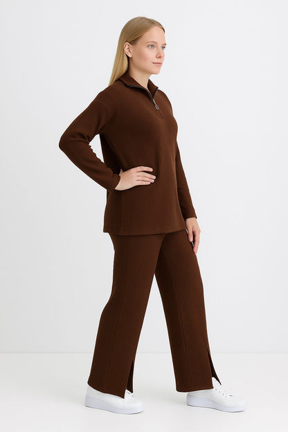 Kadın Fermuar Detaylı Triko Alt Üst Takım Kahverengi - The Velavois