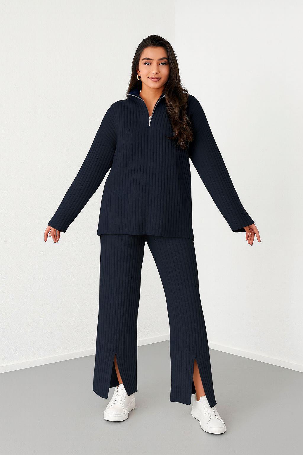 Kadın Fermuar Detaylı Triko Alt Üst Uzun Takım Lacivert - The Velavois