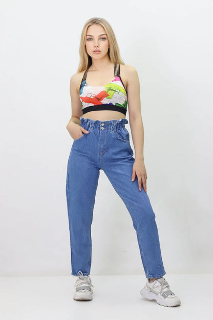 Kadın Beli Lastikli Kot Pantolon - Yüksek Bel, Jeans