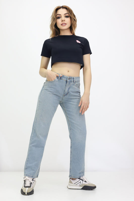 Kadın Taş Detaylı Kot Pantolon - Bol Paça, Mom Jeans, Yüksek Bel