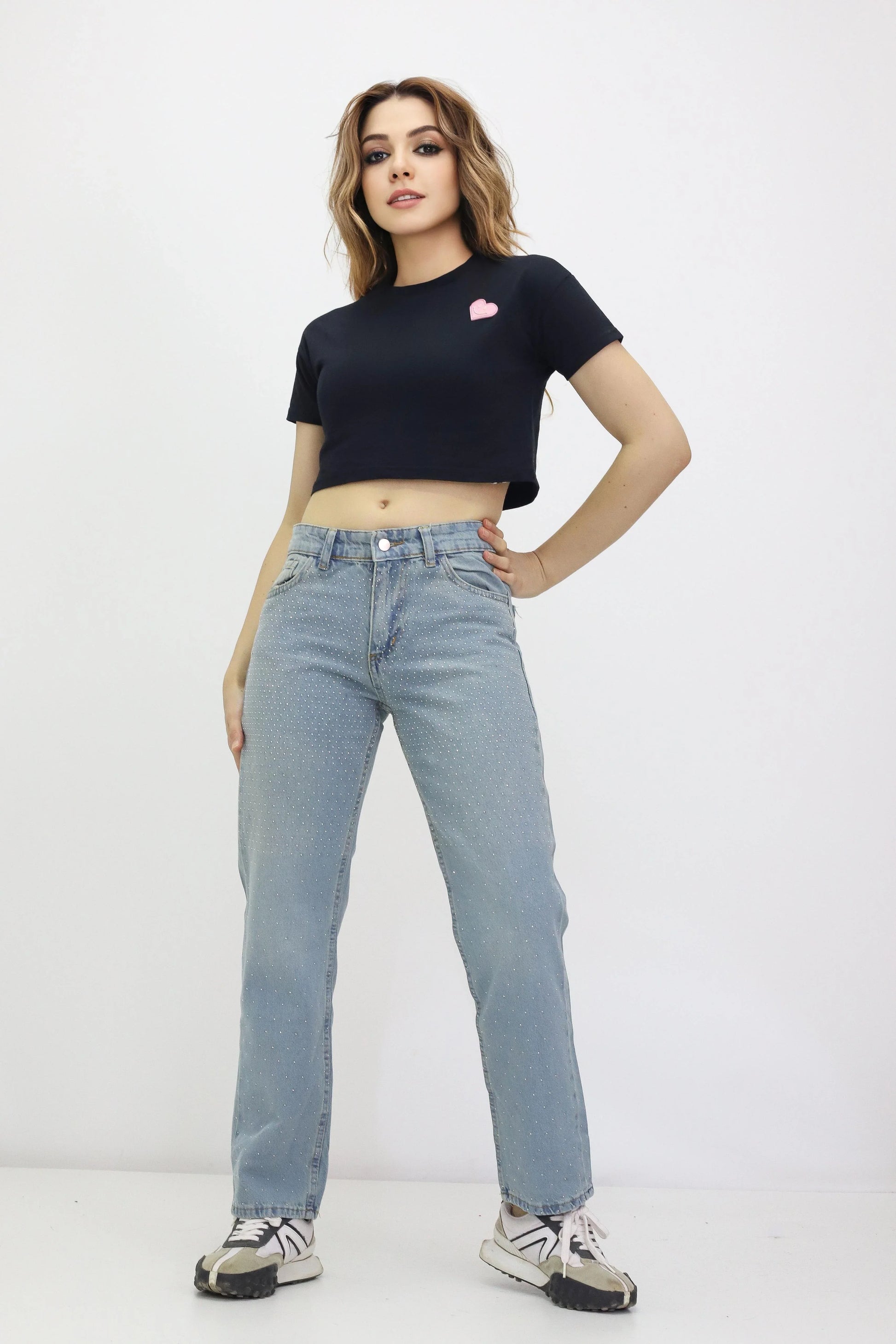 Kadın Taş Detaylı Kot Pantolon Buz Mavi - The Velavois