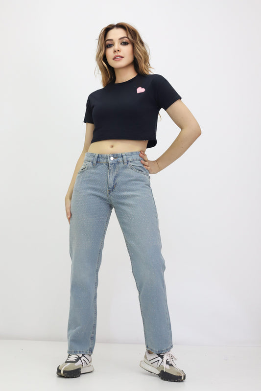 Kadın Taş Detaylı Kot Pantolon - Bol Paça, Mom Jeans, Yüksek Bel
