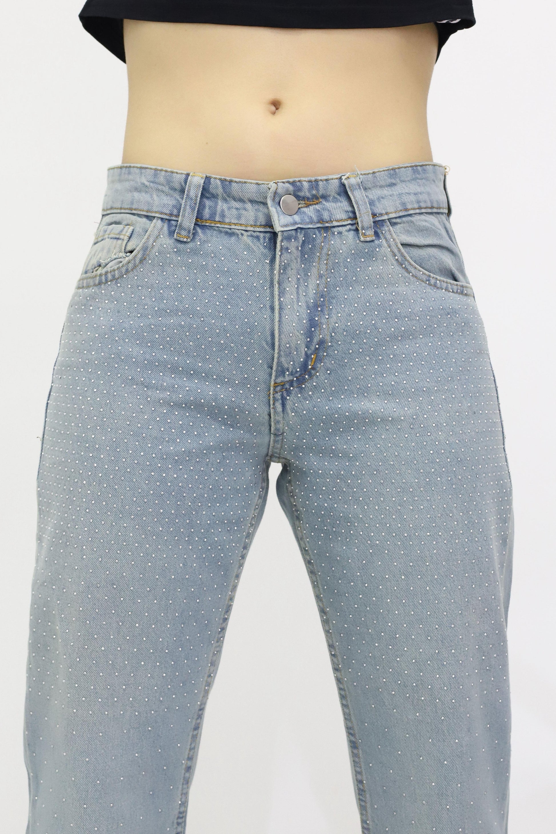Kadın Taş Detaylı Kot Pantolon Buz Mavi - The Velavois