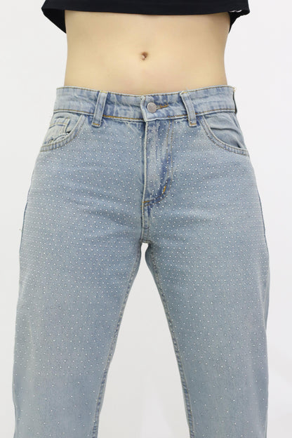 Kadın Taş Detaylı Kot Pantolon Buz Mavi - The Velavois