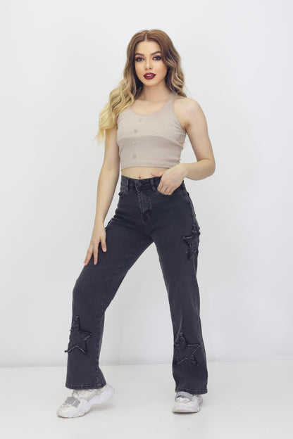 Kadın 4 Yıldız Detaylı Kot Pantolon – Yüksek Bel, Bol Paça, Mom Jeans