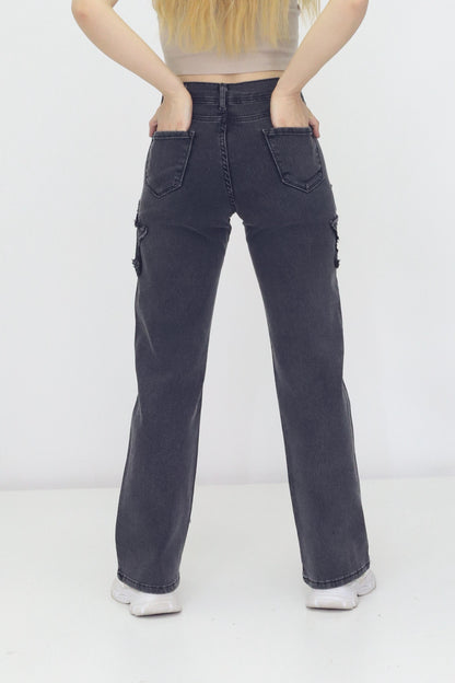 Kadın 4 Yıldız Detaylı Kot Pantolon – Yüksek Bel, Bol Paça, Mom Jeans