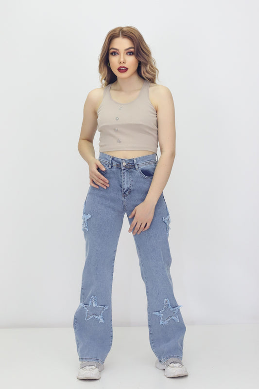 Kadın 4 Yıldız Detaylı Kot Pantolon – Yüksek Bel, Bol Paça, Mom Jeans