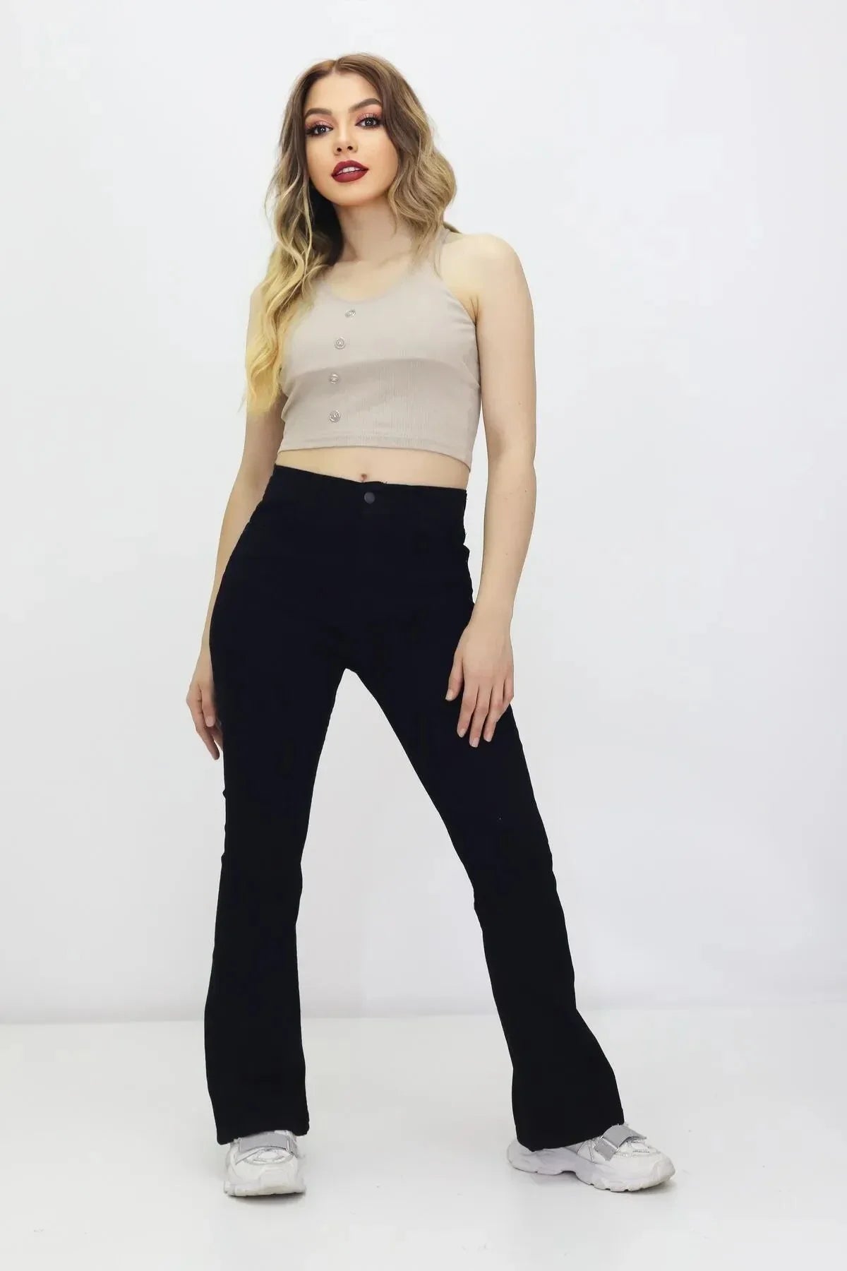 Kadın İspanyol Paça Kot Pantolon Siyah - The Velavois