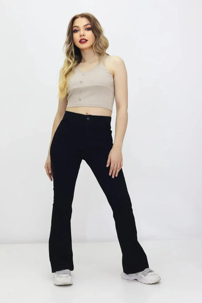 Kadın İspanyol Paça Kot Pantolon Siyah - The Velavois