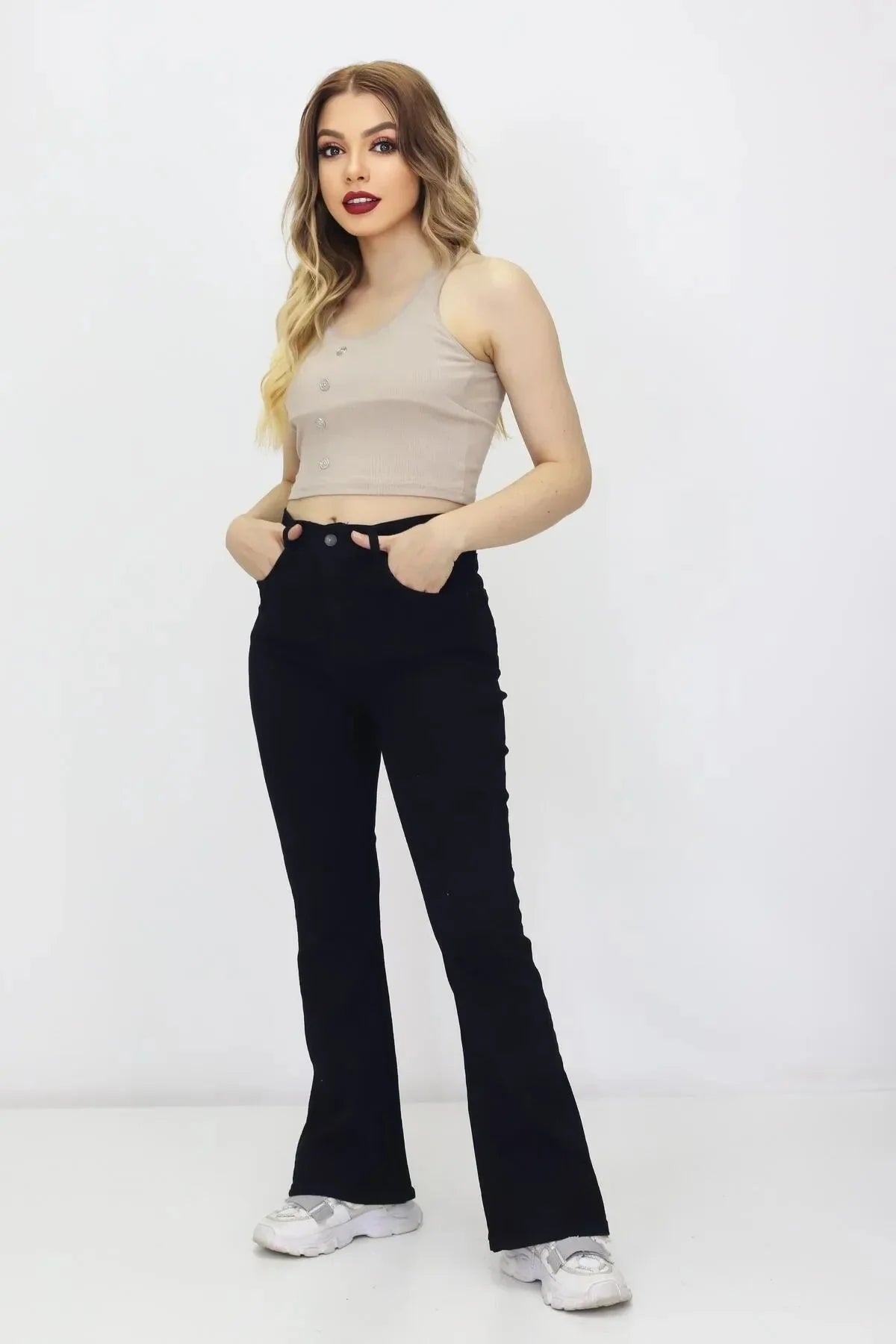 Kadın İspanyol Paça Kot Pantolon Siyah - The Velavois