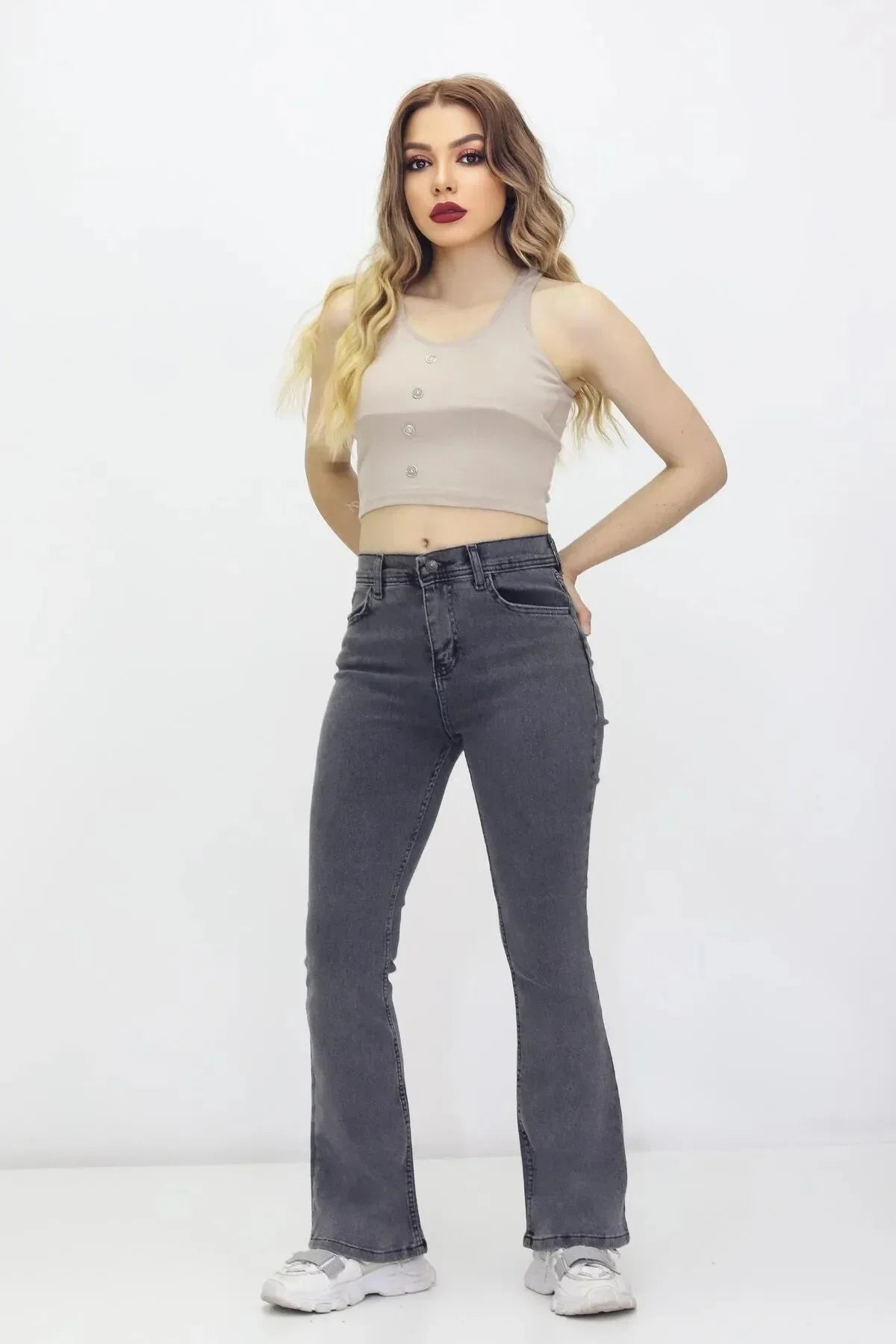 Kadın İspanyol Paça Kot Pantolon Gri - The Velavois