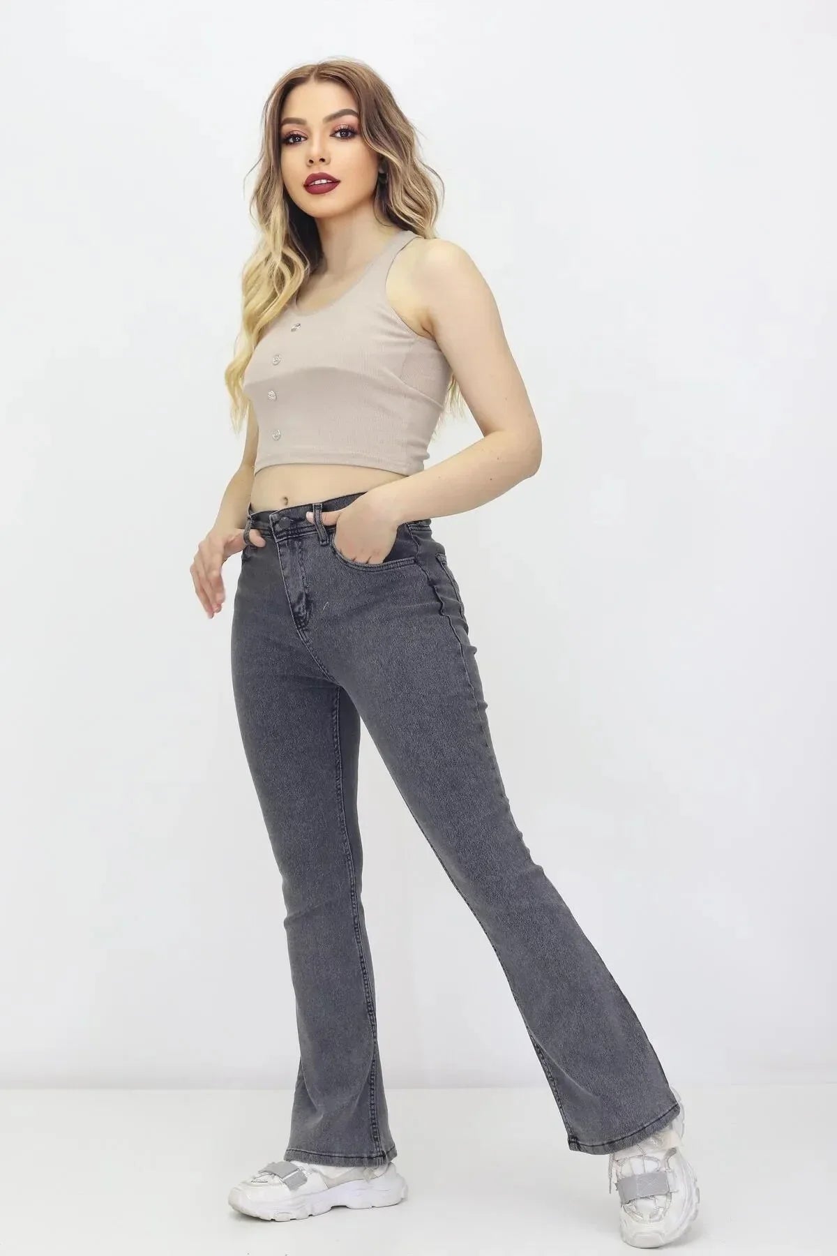 Kadın İspanyol Paça Kot Pantolon Gri - The Velavois