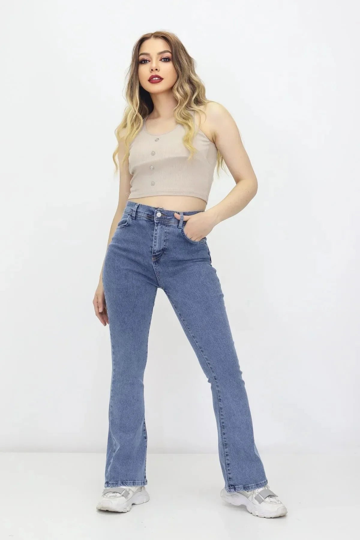 Kadın İspanyol Paça Kot Pantolon Lacivert - The Velavois