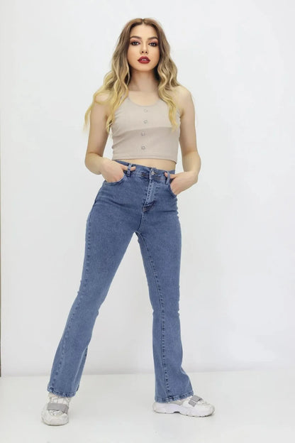 Kadın İspanyol Paça Kot Pantolon Lacivert - The Velavois