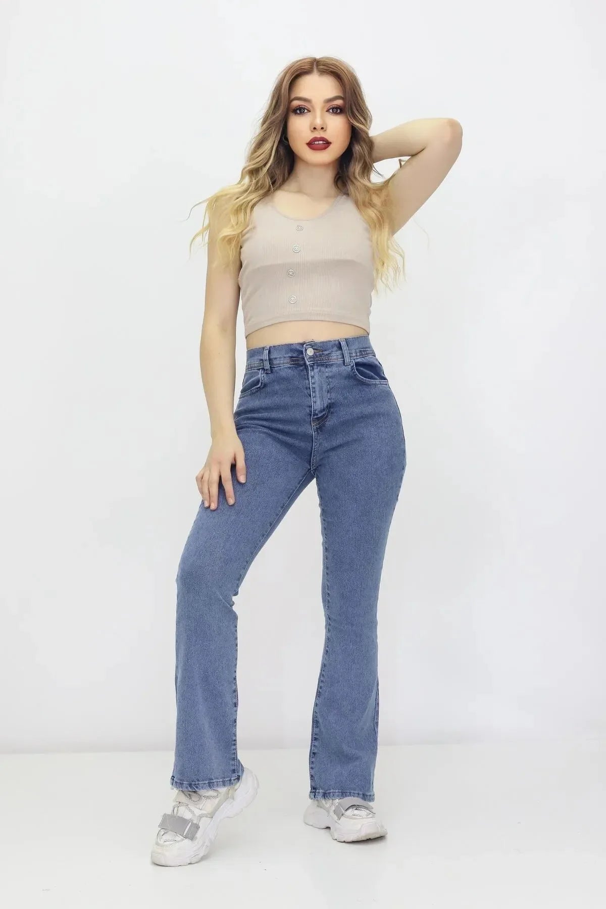 Kadın İspanyol Paça Kot Pantolon Lacivert - The Velavois