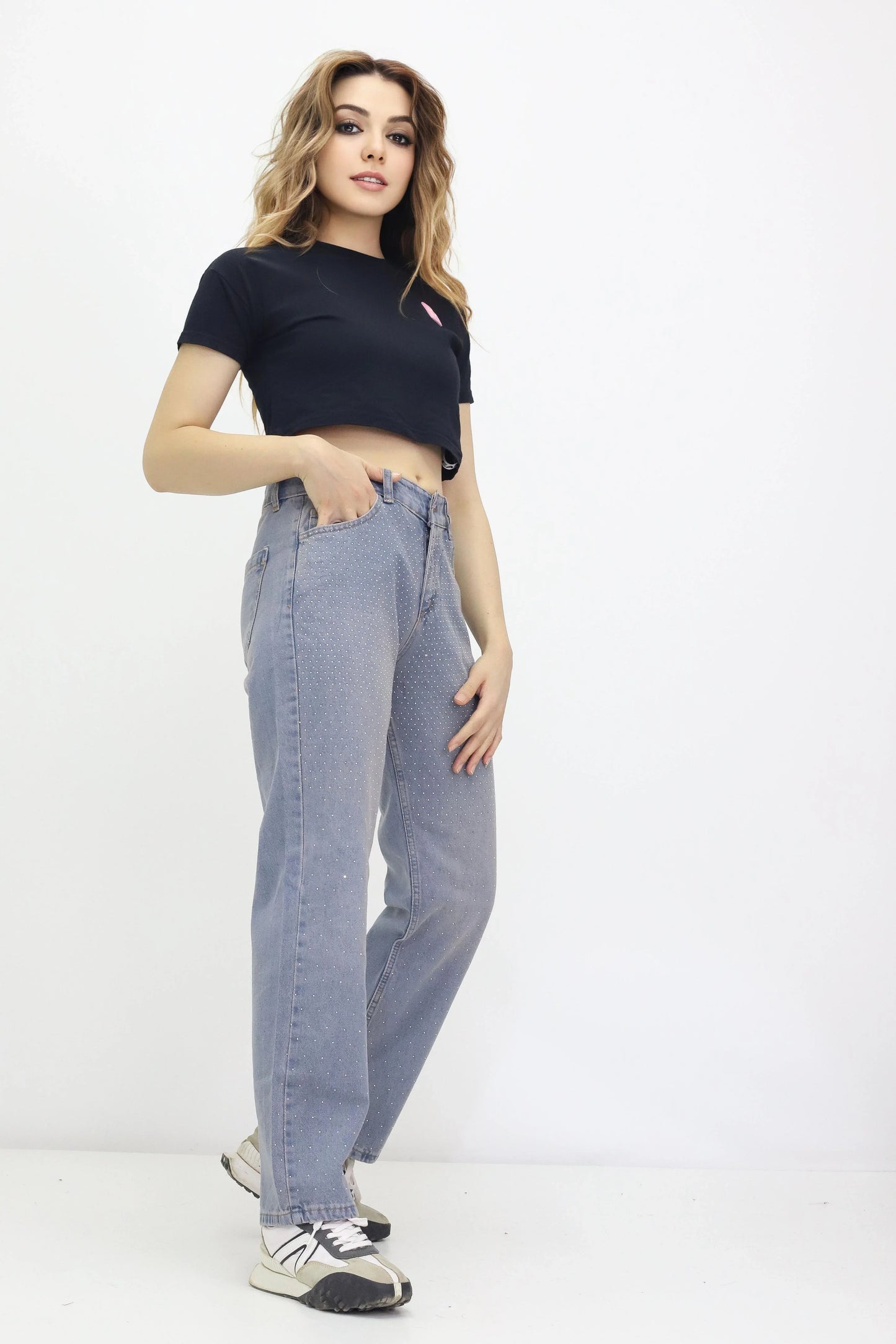 Kadın Taş Detaylı Kot Pantolon Açık Mavi - The Velavois