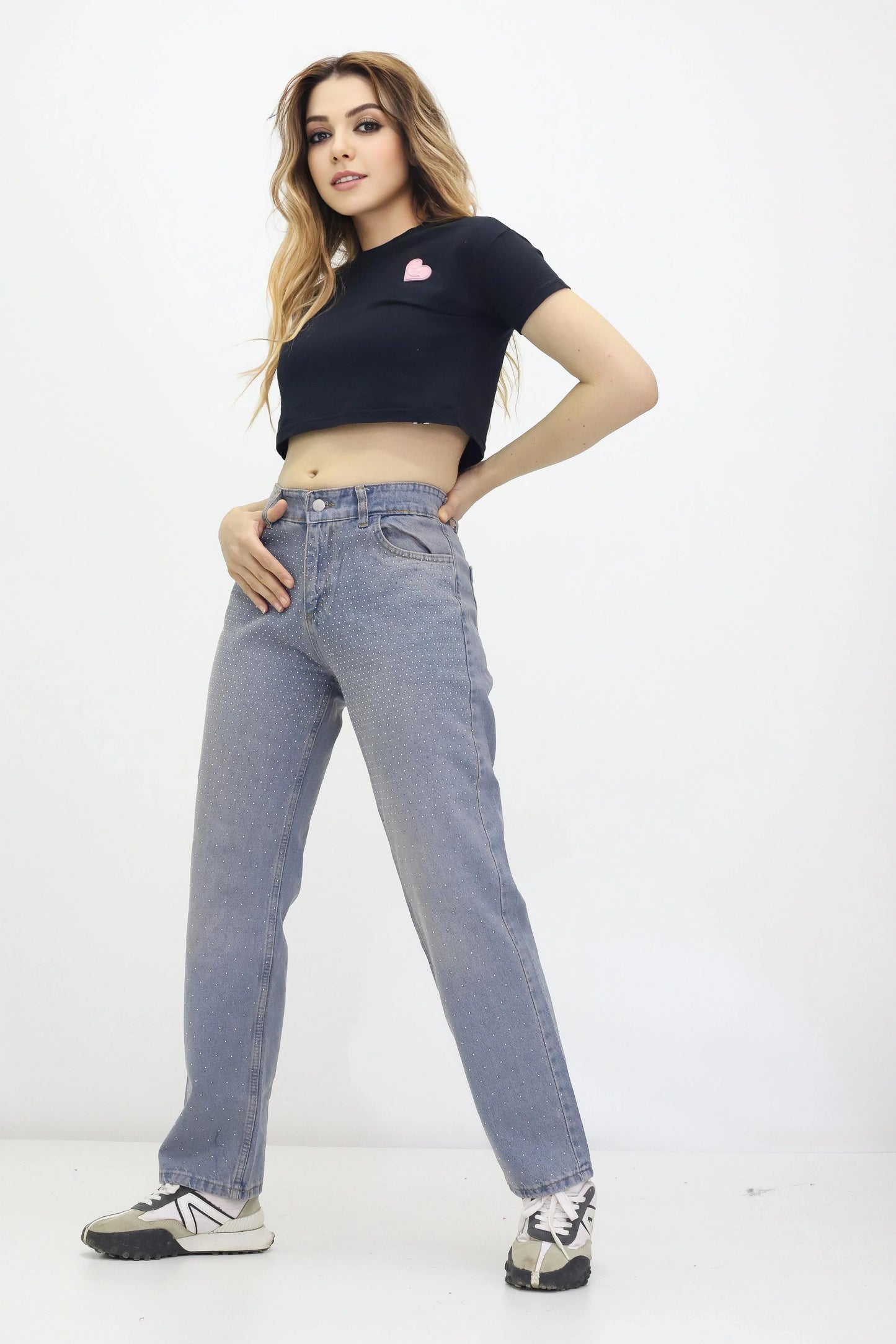 Kadın Taş Detaylı Kot Pantolon Açık Mavi - The Velavois