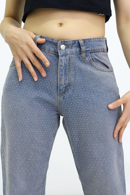 Kadın Taş Detaylı Kot Pantolon Açık Mavi - The Velavois