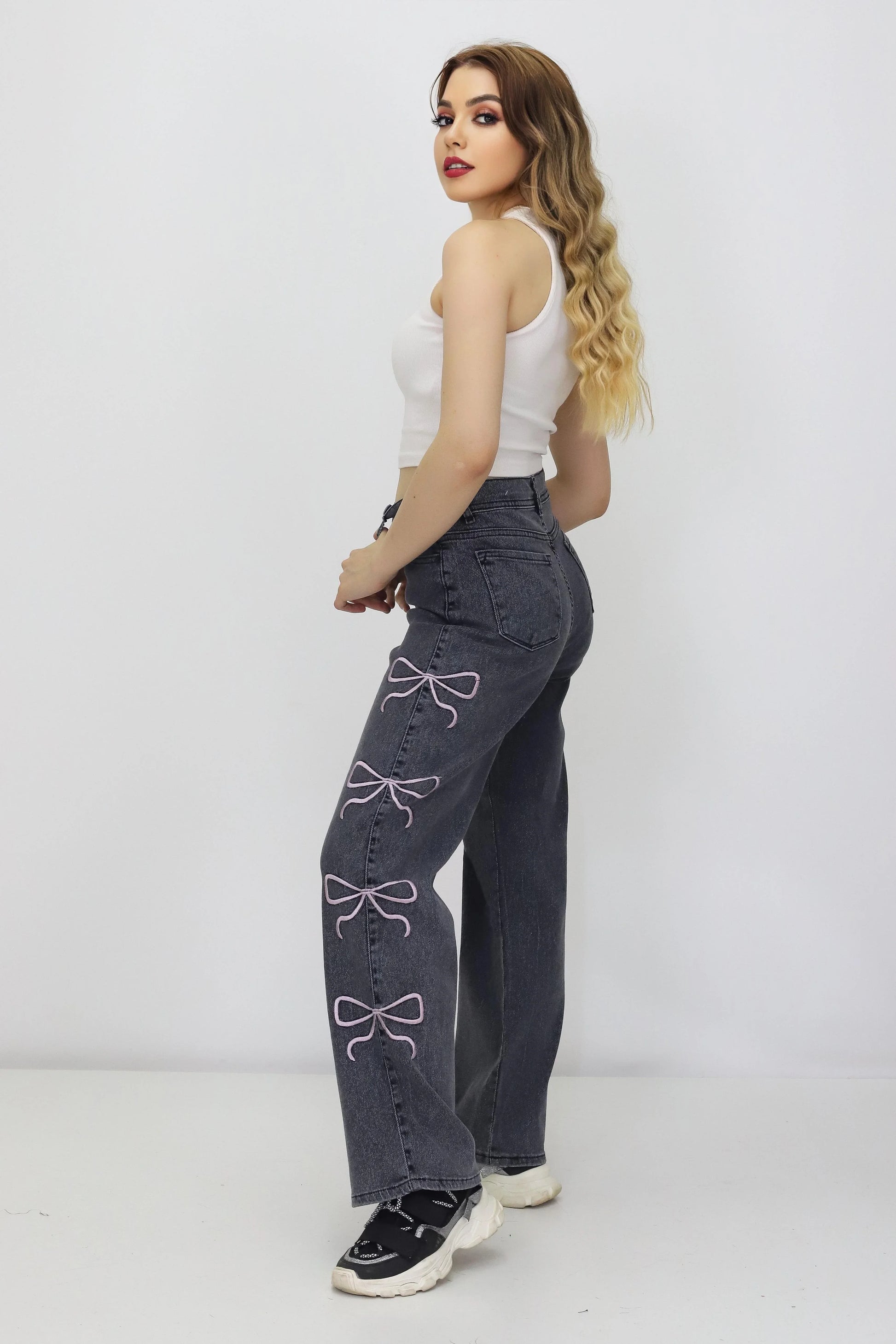 Kadın Kurdele Detaylı Kot Pantolon Gri - The Velavois