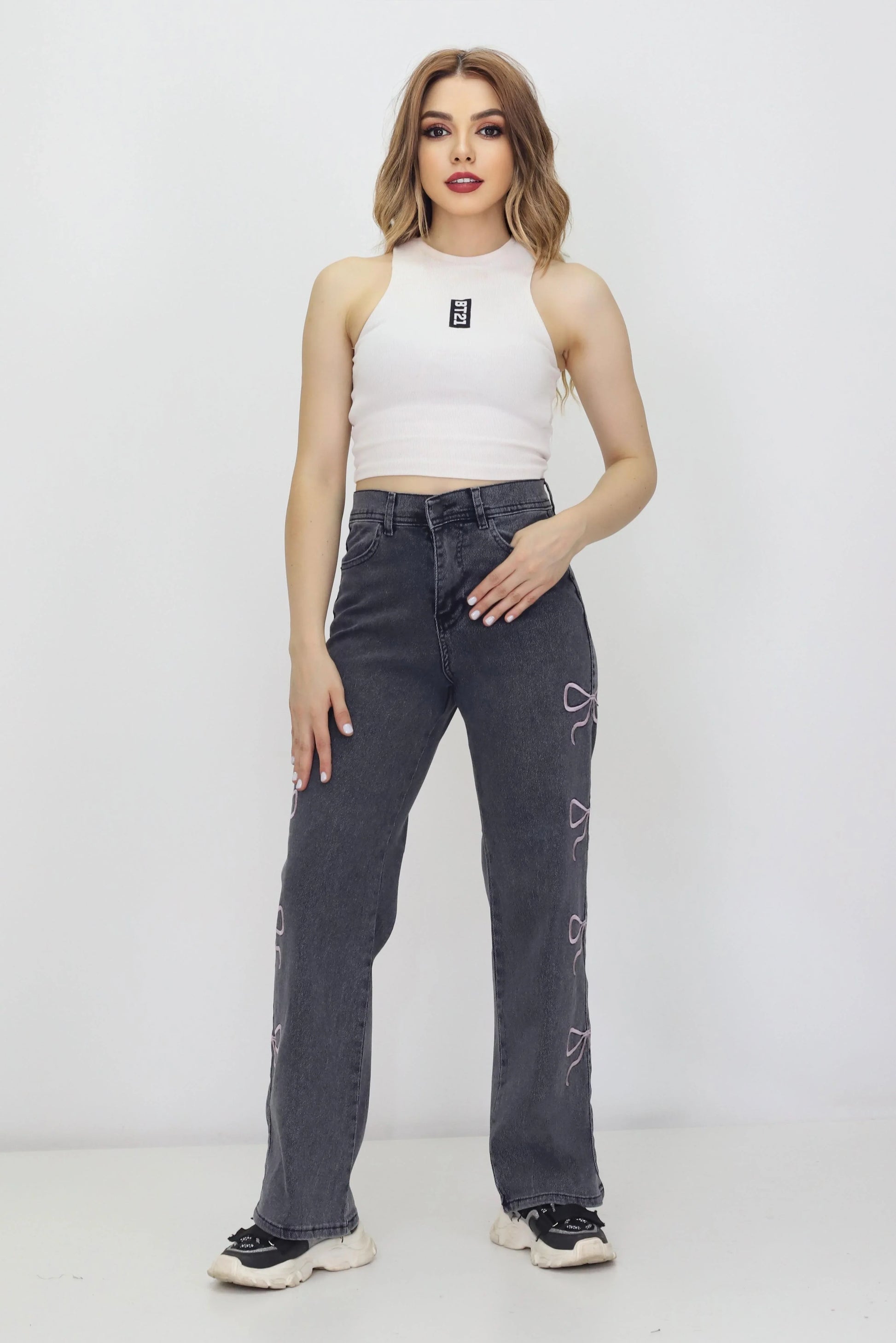 Kadın Kurdele Detaylı Kot Pantolon Gri - The Velavois