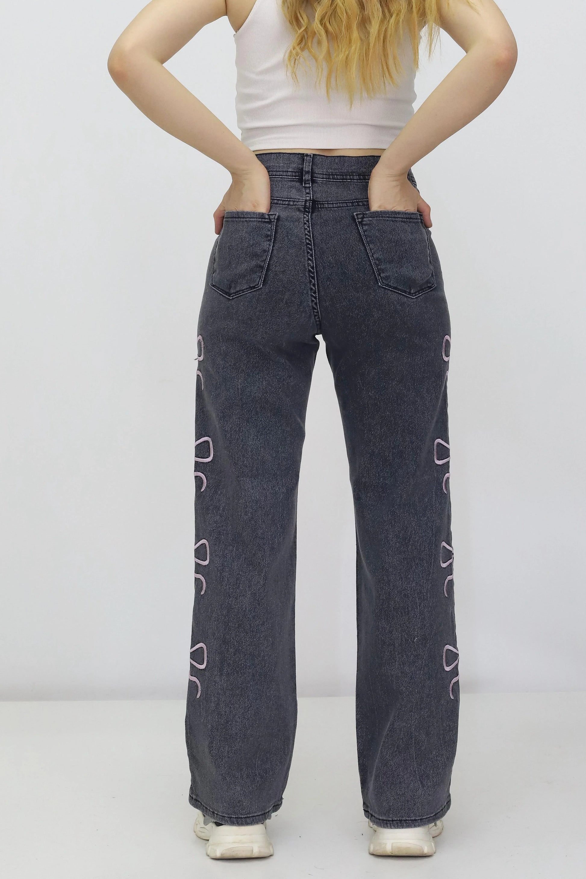 Kadın Kurdele Detaylı Kot Pantolon Gri - The Velavois