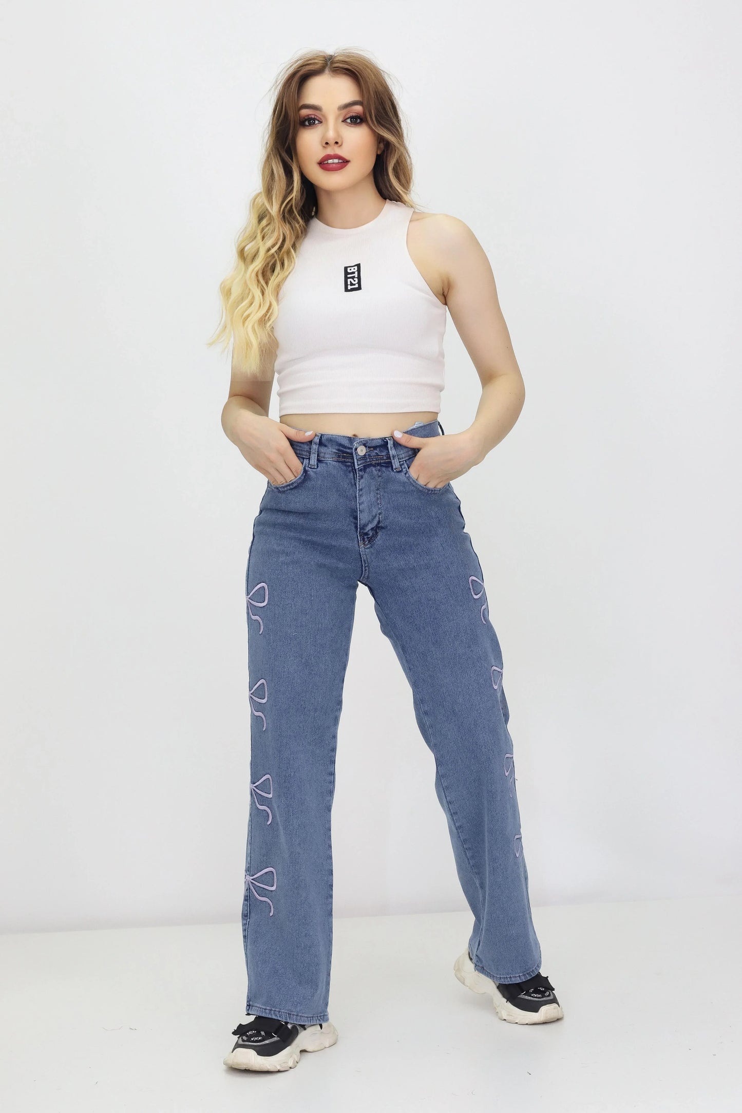 Kadın Kurdele Detaylı Kot Pantolon Mavi - The Velavois