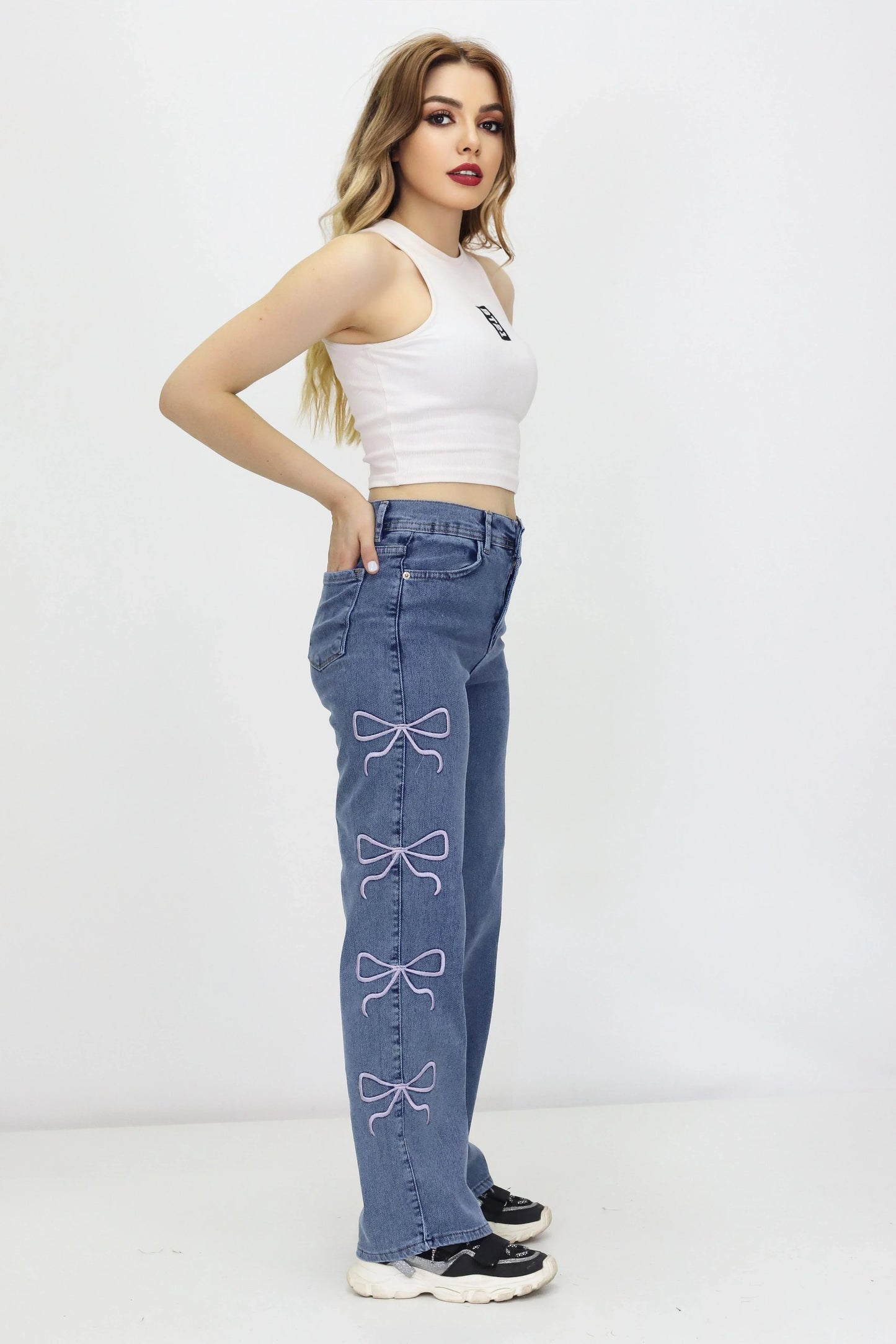 Kadın Kurdele Detaylı Kot Pantolon Mavi - The Velavois